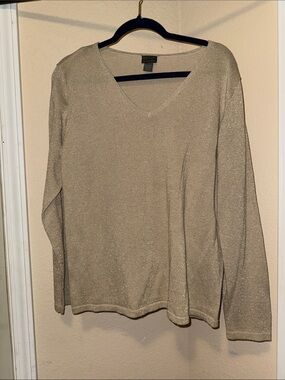 Additions by Chico's Metallic Champagne V-Neck Sweater
